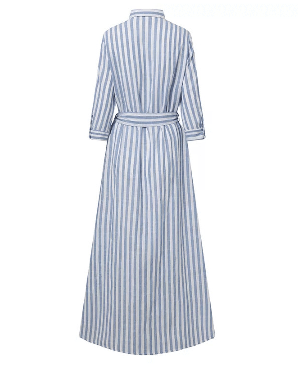Classic Striped Belted Button-down Maxi Dress