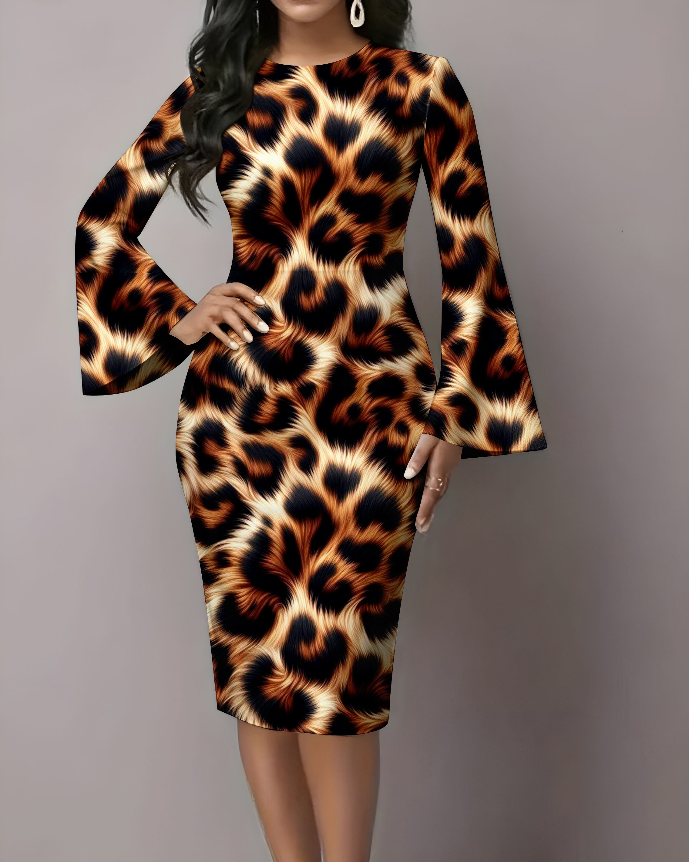 Sexy Leopard Print Flared Sleeves Midi Bodycon Dresses