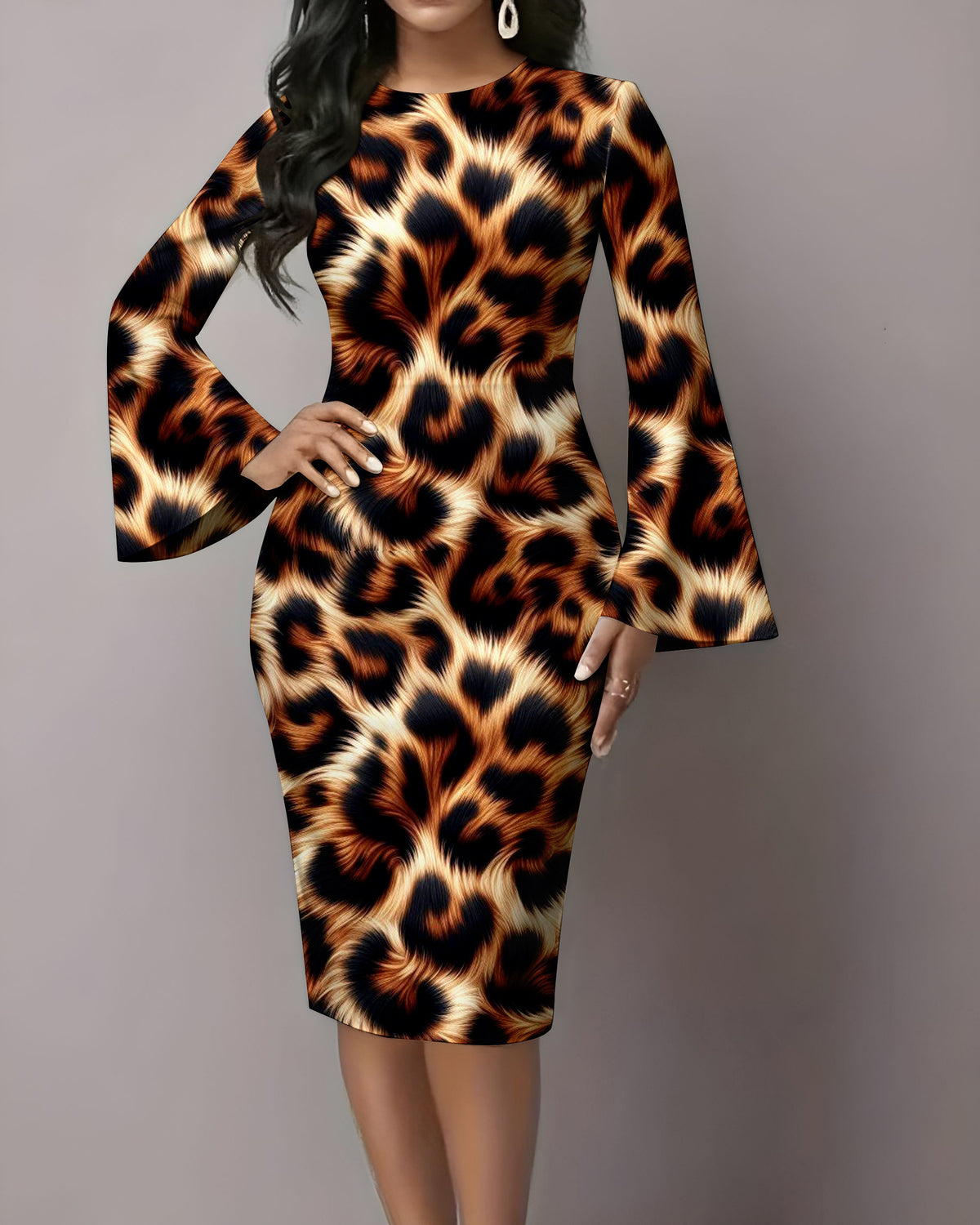 Sexy Leopard Print Flared Sleeves Midi Bodycon Dresses