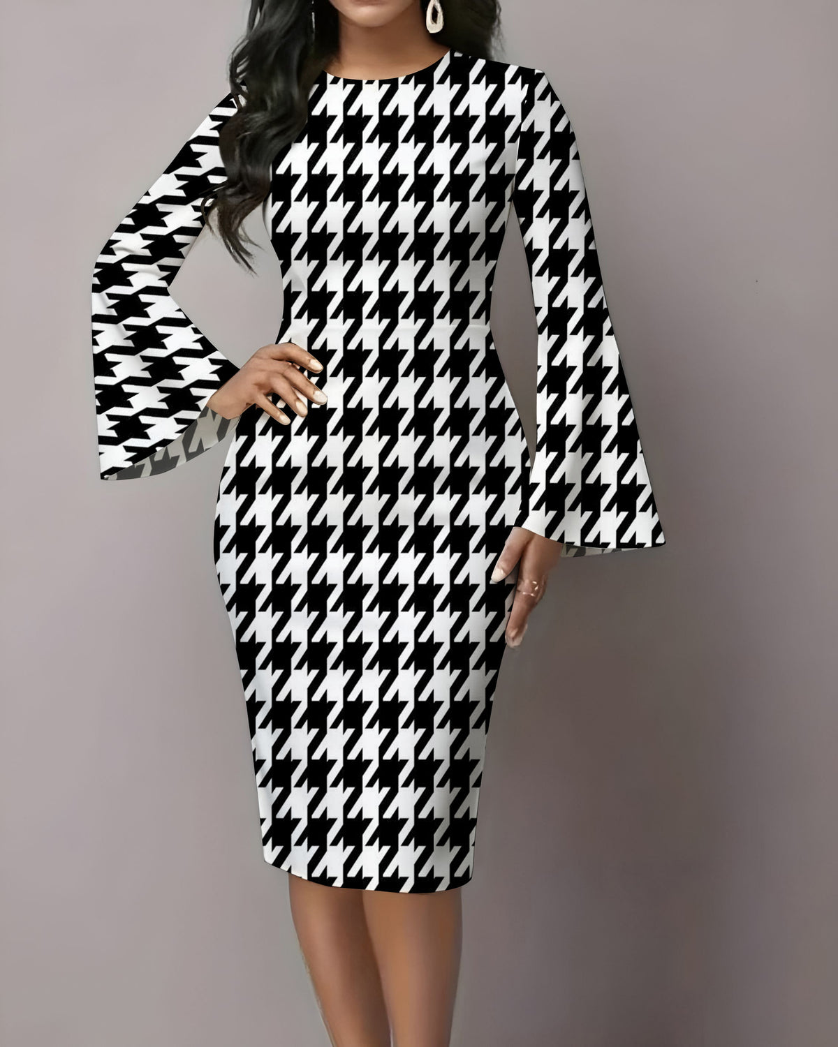 Classic Houndstooth Flared Sleeves Midi Bodycon Dresses