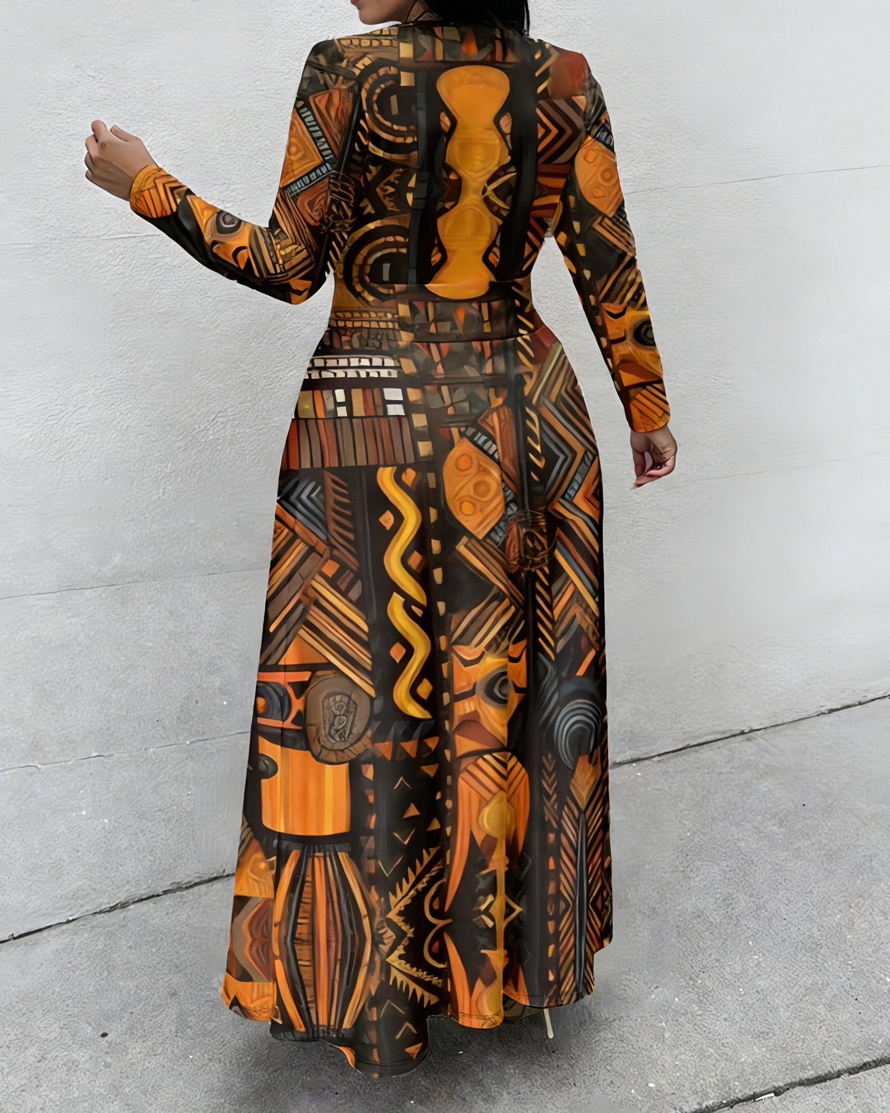 Geometric Totem Tribal Prints Crewneck Long Sleeve Pocket Dress
