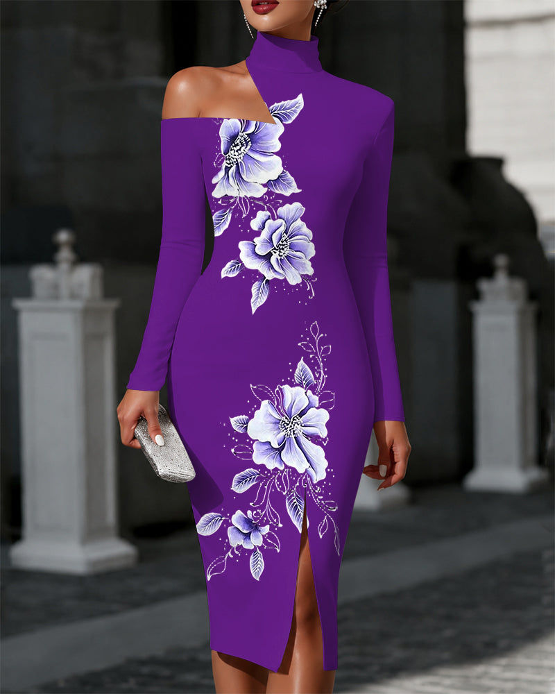 Purple Watercolor Flowers Off The Shoulder High-neck Slim Fit Dress Party Dress