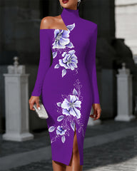 Purple Watercolor Flowers Off The Shoulder High-neck Slim Fit Dress Party Dress
