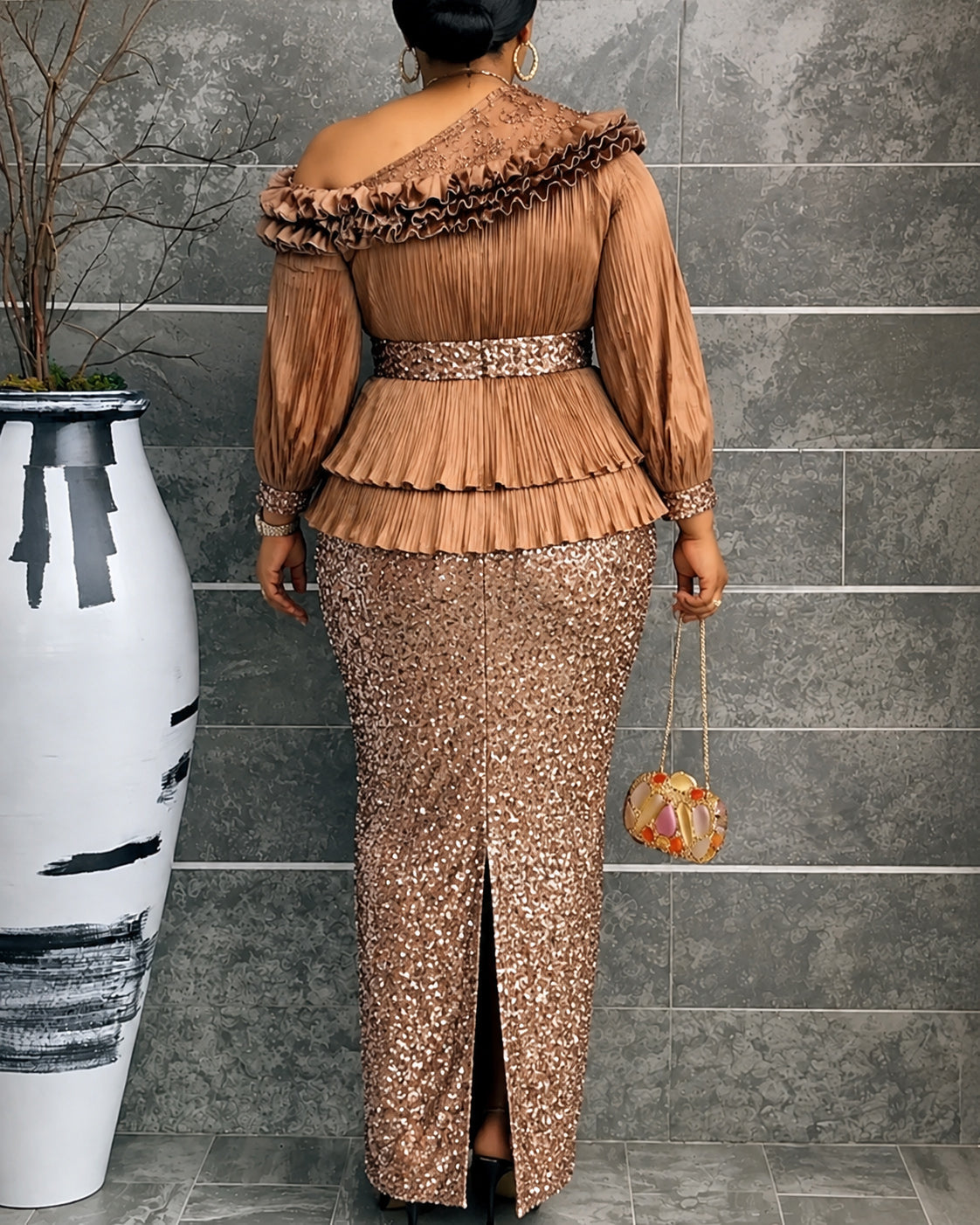 Plus‑Size Pleated Ruffle Peplum Sequin Maxi Dress