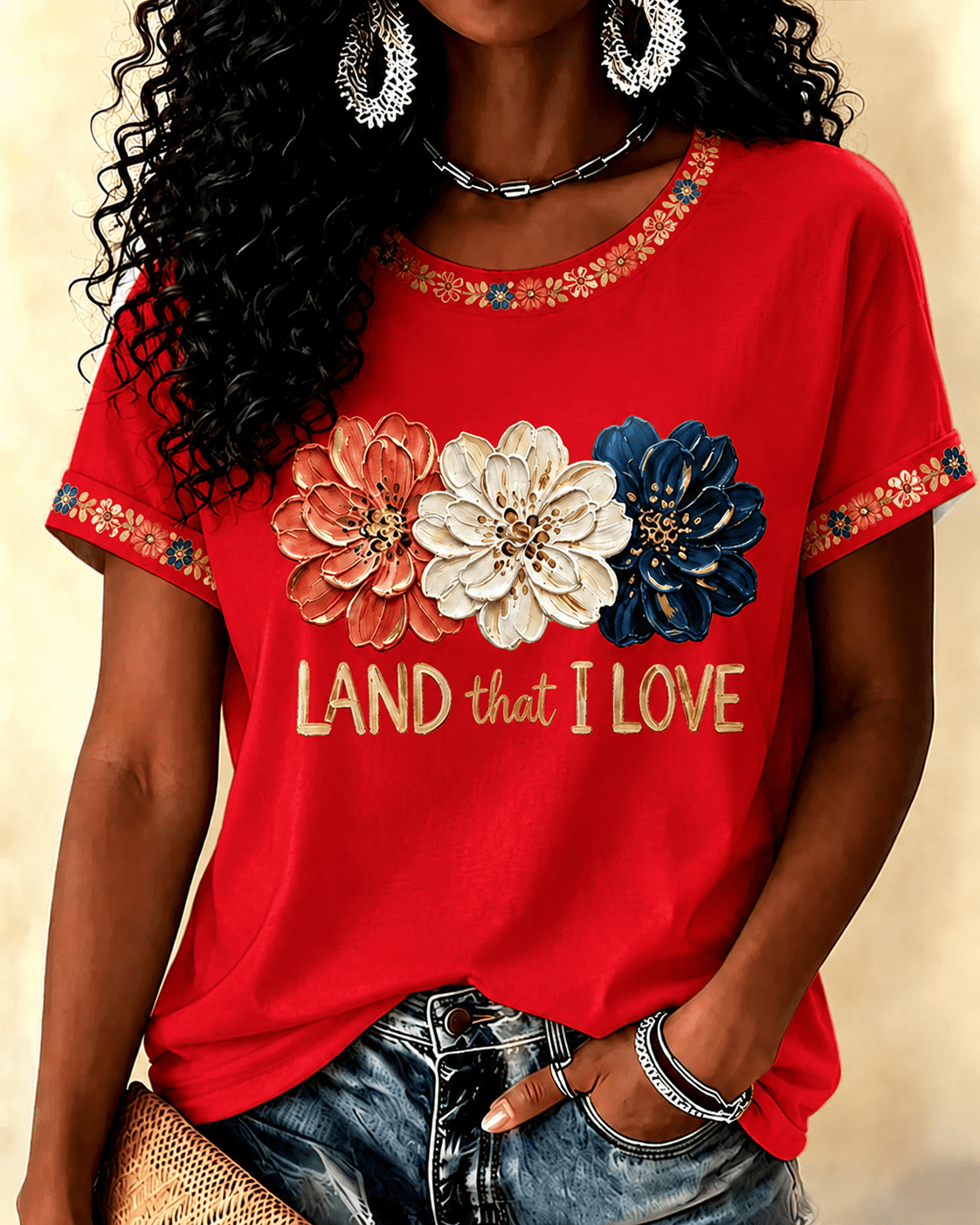 250th America Floral Flag Crew Neck Short Sleeve Tshirt