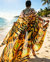 V-Neck Sexy Yellow Tiger Stripes Print Casual See-Through Chiffon Shirt Dress