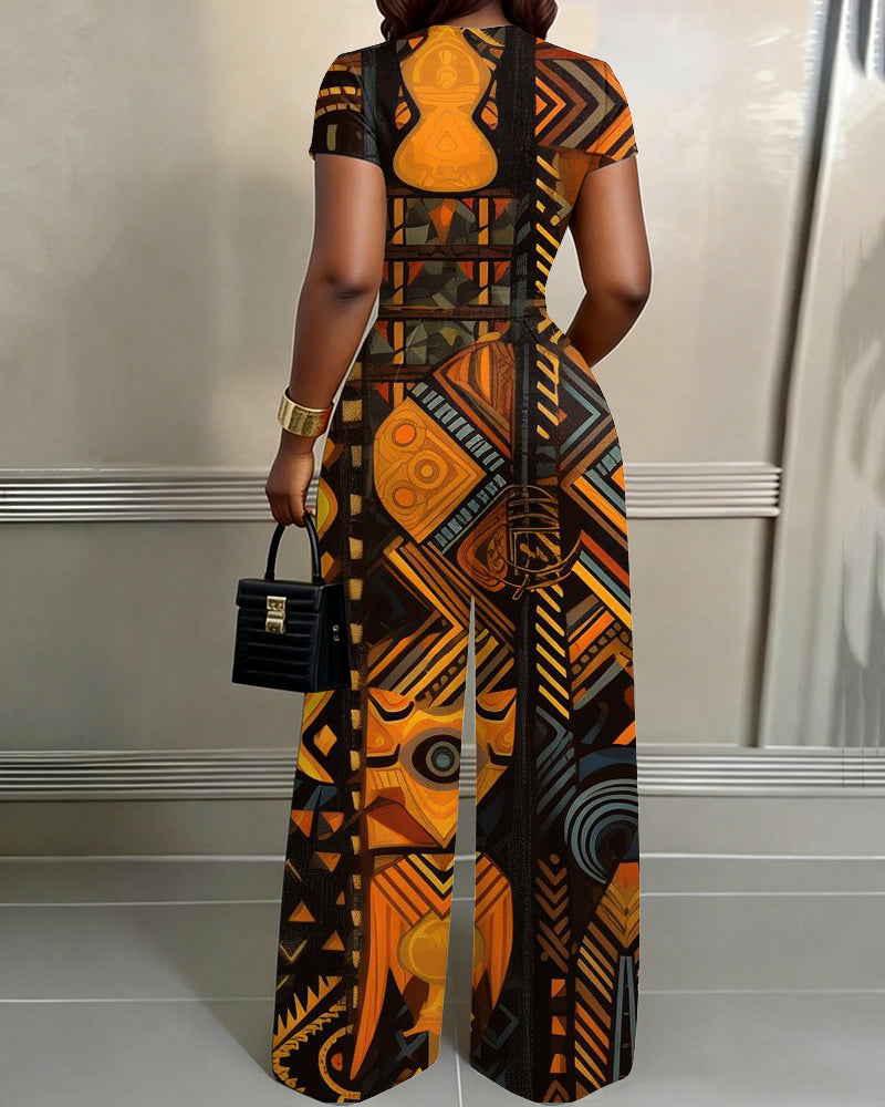 African Tribal Print Abstract Design Print High Waist Wide-leg Women's Two-piece Set