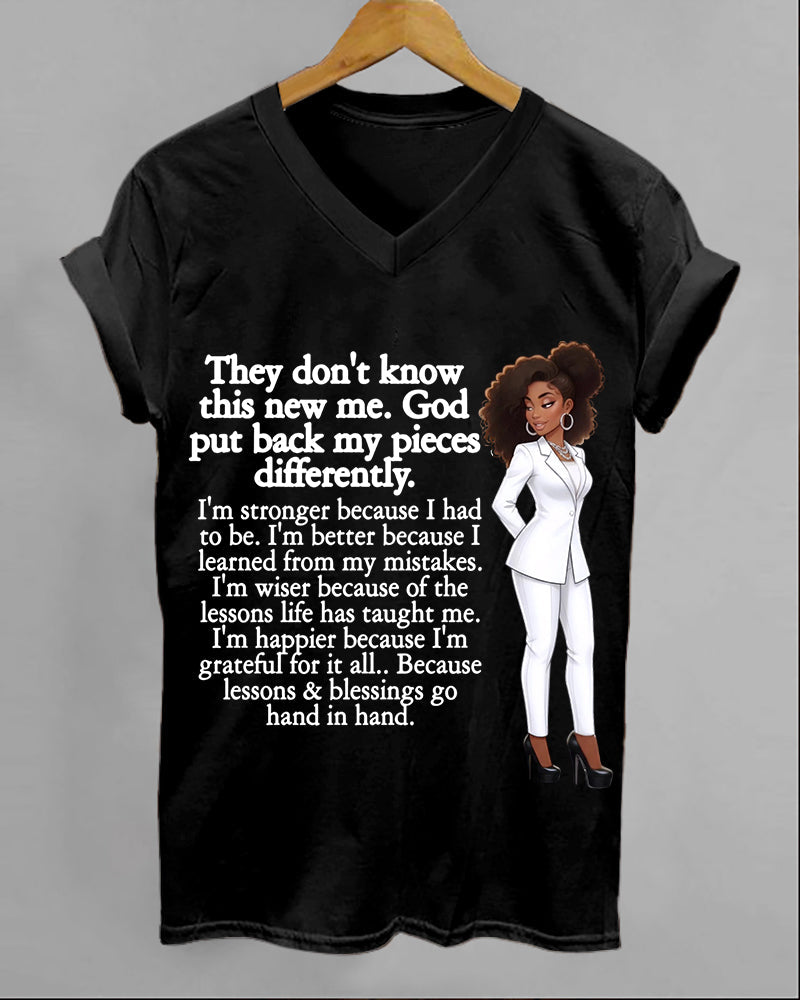 100% Cotton God Put Back My Pieces Differently  V Neck Short Sleeve Tshirt