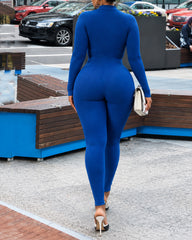 Long Sleeve Half Zip Mock Neck Ribbed Jumpsuit