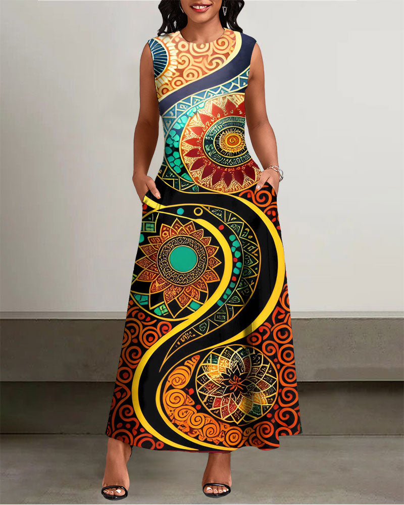 Crew Neck Sun Tribe Totem Sleeveless Pockets Maxi Dress