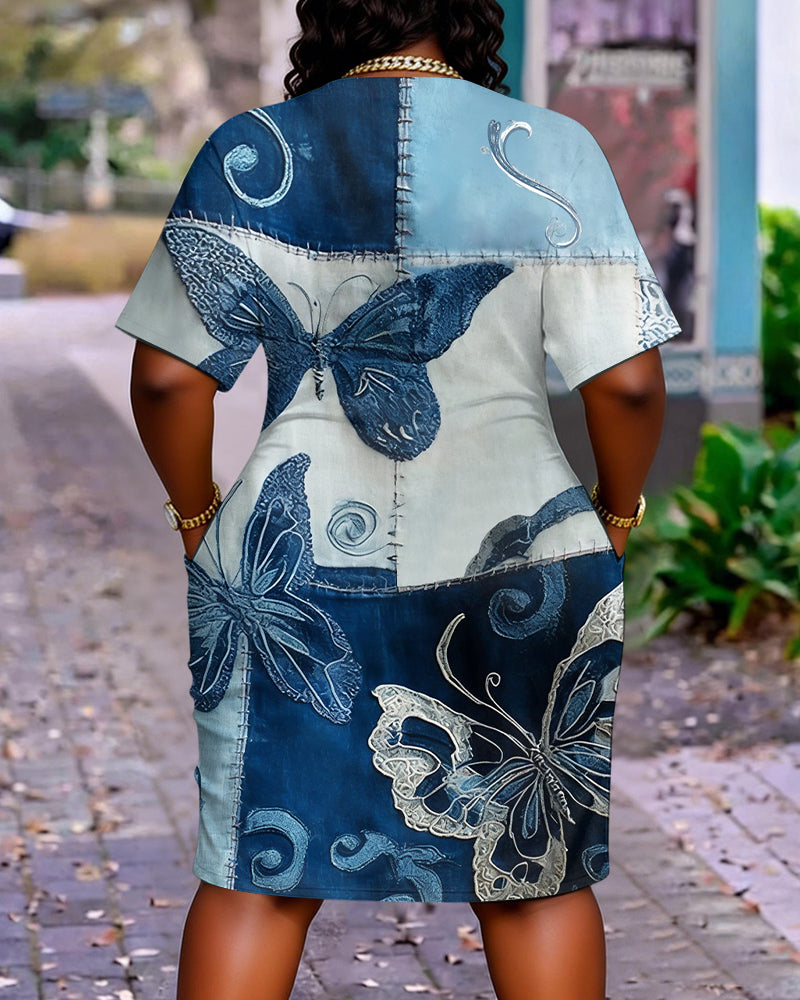 Multicolor Denim Patch Butterfly Print Pocket Casual Dress