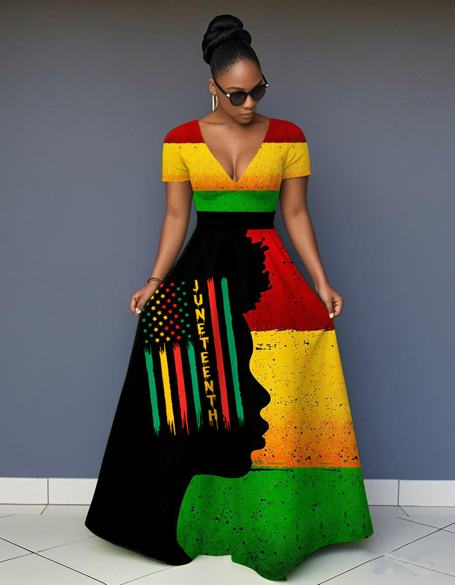 V-Neck Juneteenth Reggae Color Face ArtPocket Short-Sleeved Maxi Dress