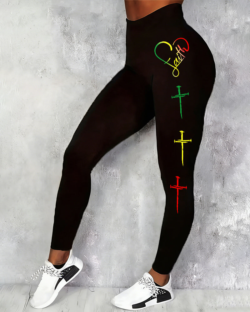 Reggae Color Faith Cross High-waisted Fitted Stretchy Leggings