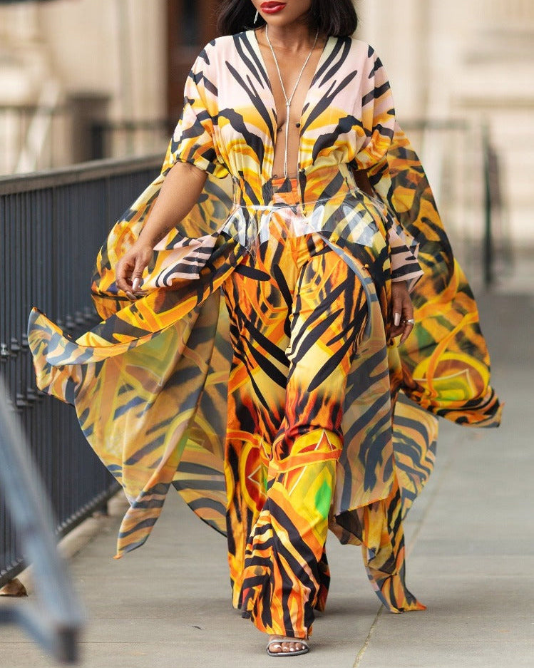 V-Neck Sexy Yellow Tiger Stripes Print Casual See-Through Chiffon Shirt Dress