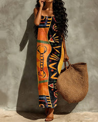 Abstract Tribal Totem Cotton Dress With Spaghetti Straps