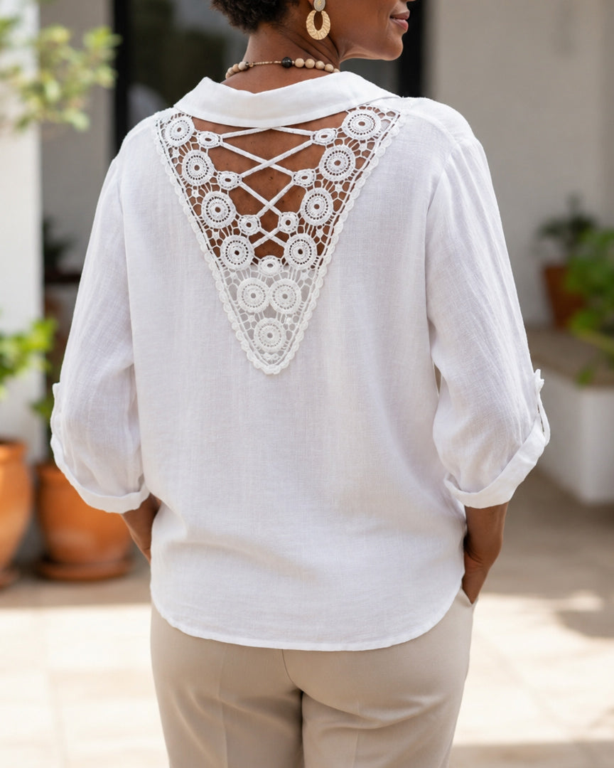 Loose Fit Collared Shirt with Lace Panel Back