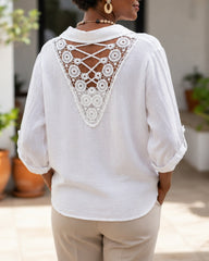Loose Fit Collared Shirt with Lace Panel Back