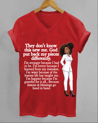 100% Cotton God Put Back My Pieces Differently  V Neck Short Sleeve Tshirt