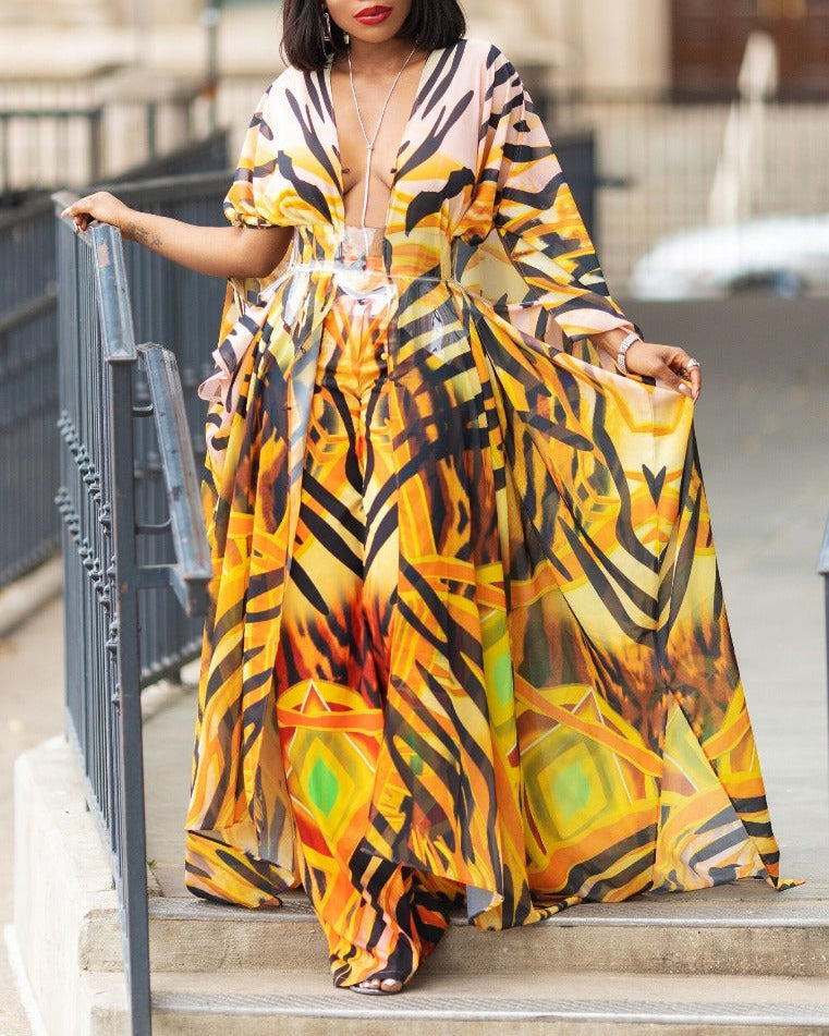 V-Neck Sexy Yellow Tiger Stripes Print Casual See-Through Chiffon Shirt Dress