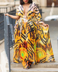 V-Neck Sexy Yellow Tiger Stripes Print Casual See-Through Chiffon Shirt Dress