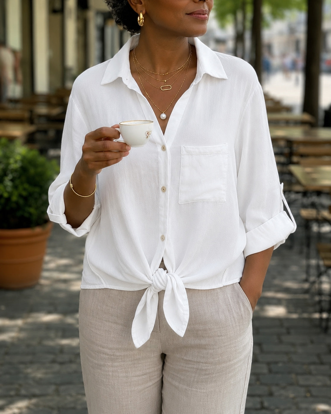 Loose Fit Collared Shirt with Lace Panel Back