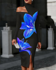Casual Floral Print Off The Shoulder High-neck Slim Fit Dress Party Dress