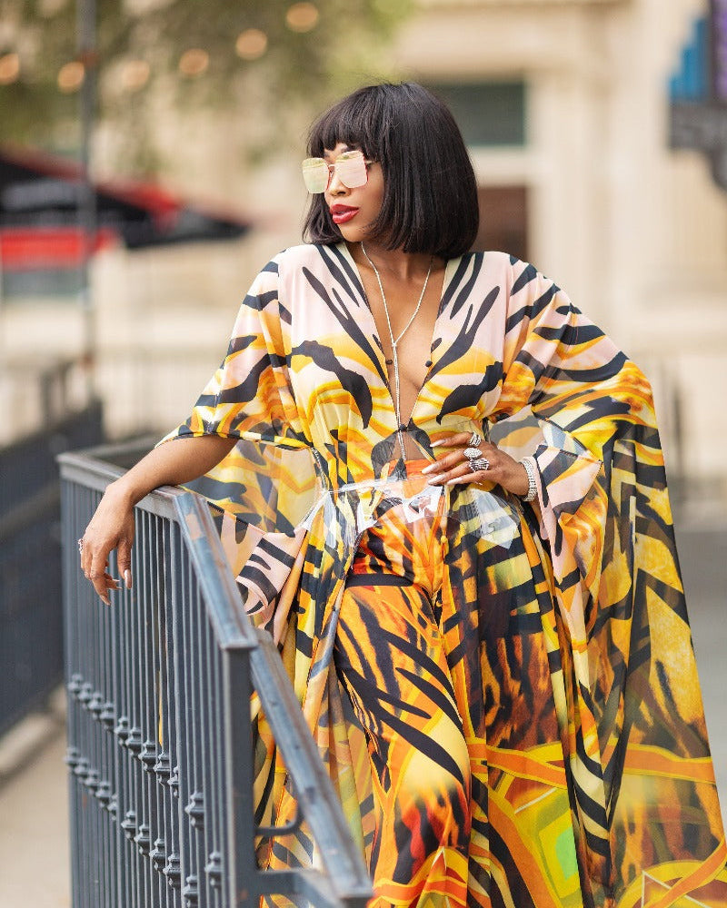 V-Neck Sexy Yellow Tiger Stripes Print Casual See-Through Chiffon Shirt Dress