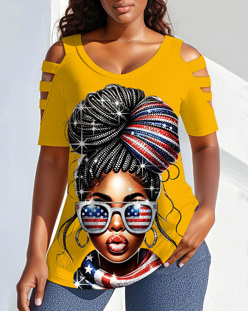 4th of July Black Girl Round Neck Hollowed-out Short Sleeve Top