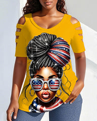 4th of July Black Girl Round Neck Hollowed-out Short Sleeve Top