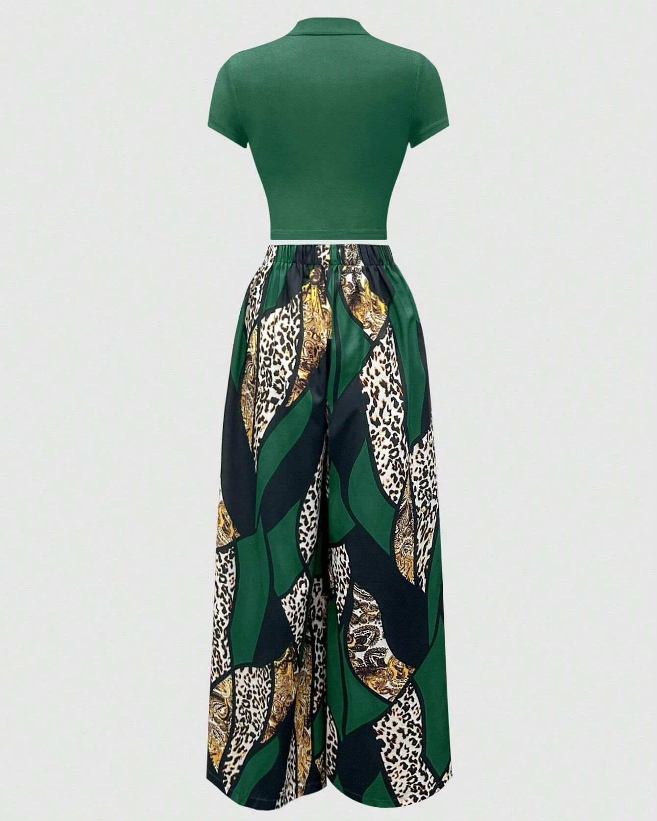 Green Leopard Geometric 2pcs Set Wide Leg Jumpsuit
