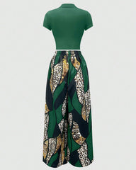 Green Leopard Geometric 2pcs Set Wide Leg Jumpsuit