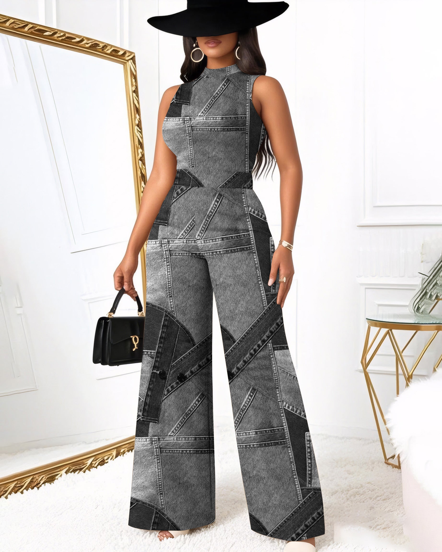Black Denim Patch Print Wide Leg Jumpsuit