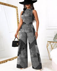 Black Denim Patch Print Wide Leg Jumpsuit