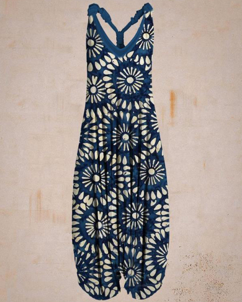 African Ethnic Pattern Print Sleeveless Harem Overalls Overalls