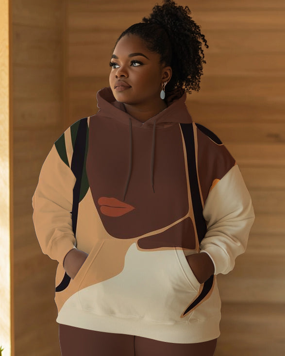 Abstract Art Print Sleeve Hoodie Two Pieces Set