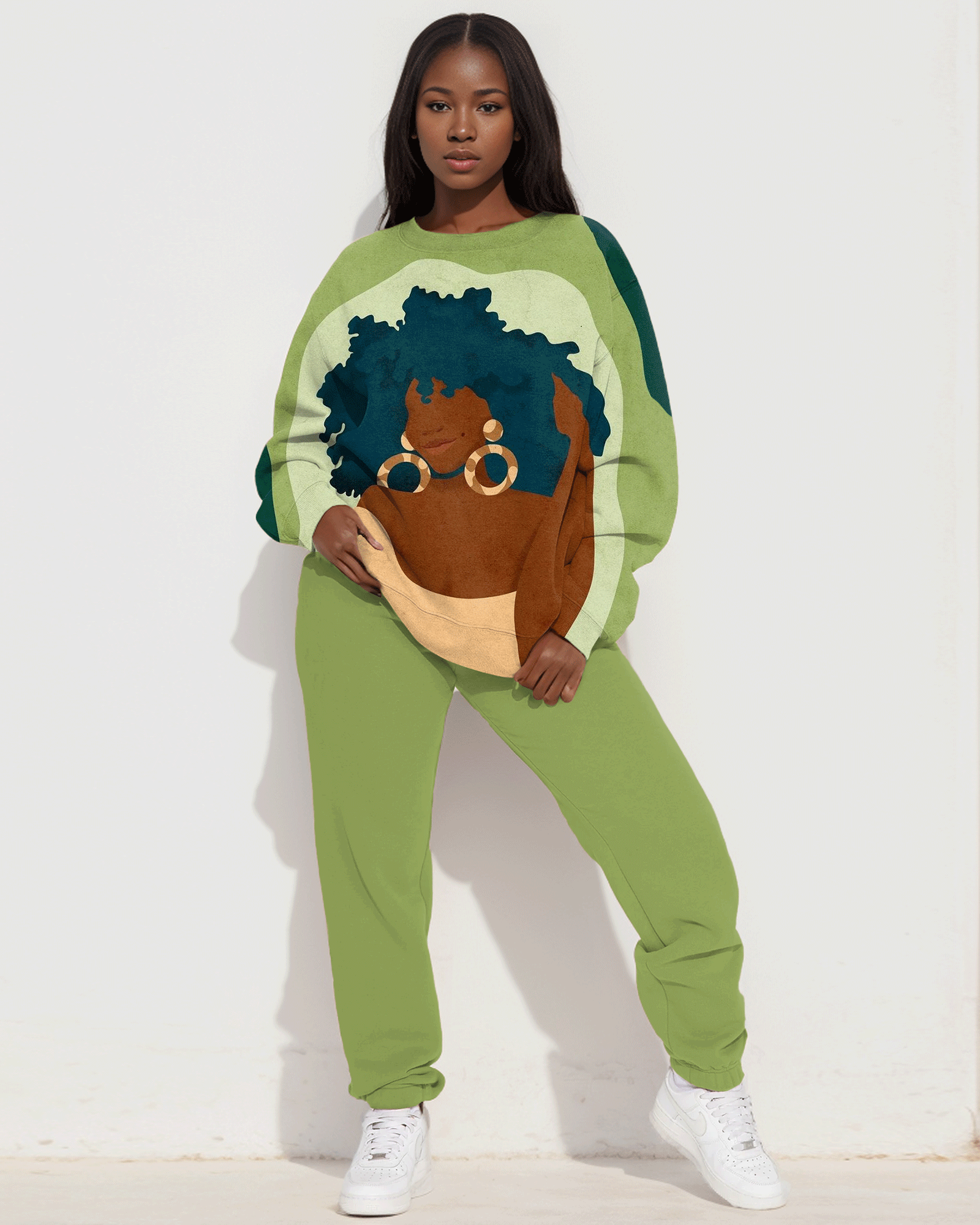 Afro Girl with Earrings Print Long Sleeve Sweatshirt Two Pieces Set