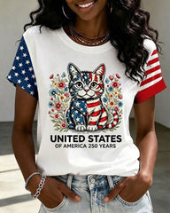250th Anniversary Cartoon Cat Print Crew Neck Short Sleeve Tshirt