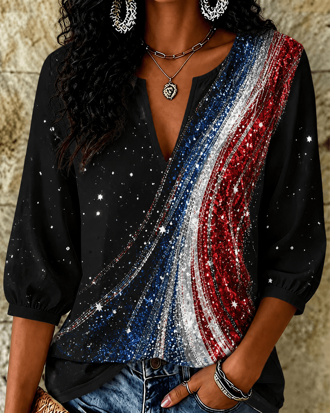 250th Anniversary Color Block Stripes Print V‑Neck 3/4 Sleeve Blouse