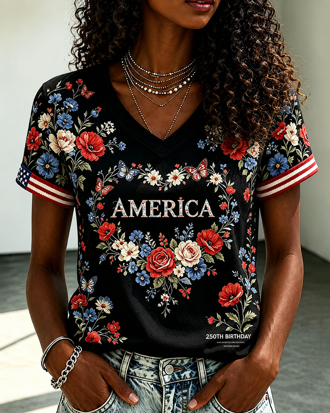 250th Anniversary Floral Print with National Flag Print V-neck Short Sleeve Tshirt