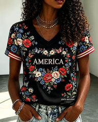 250th Anniversary Floral Print with National Flag Print V-neck Short Sleeve Tshirt