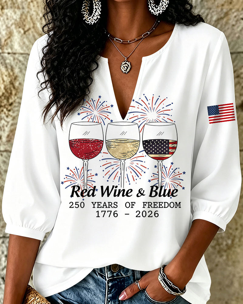 250th Anniversary Fun Wine Glasses Print V‑Neck 3/4 Sleeve Blouse