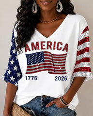 250th Anniversary National Flag Print V-neck Half Sleeved Loose Top