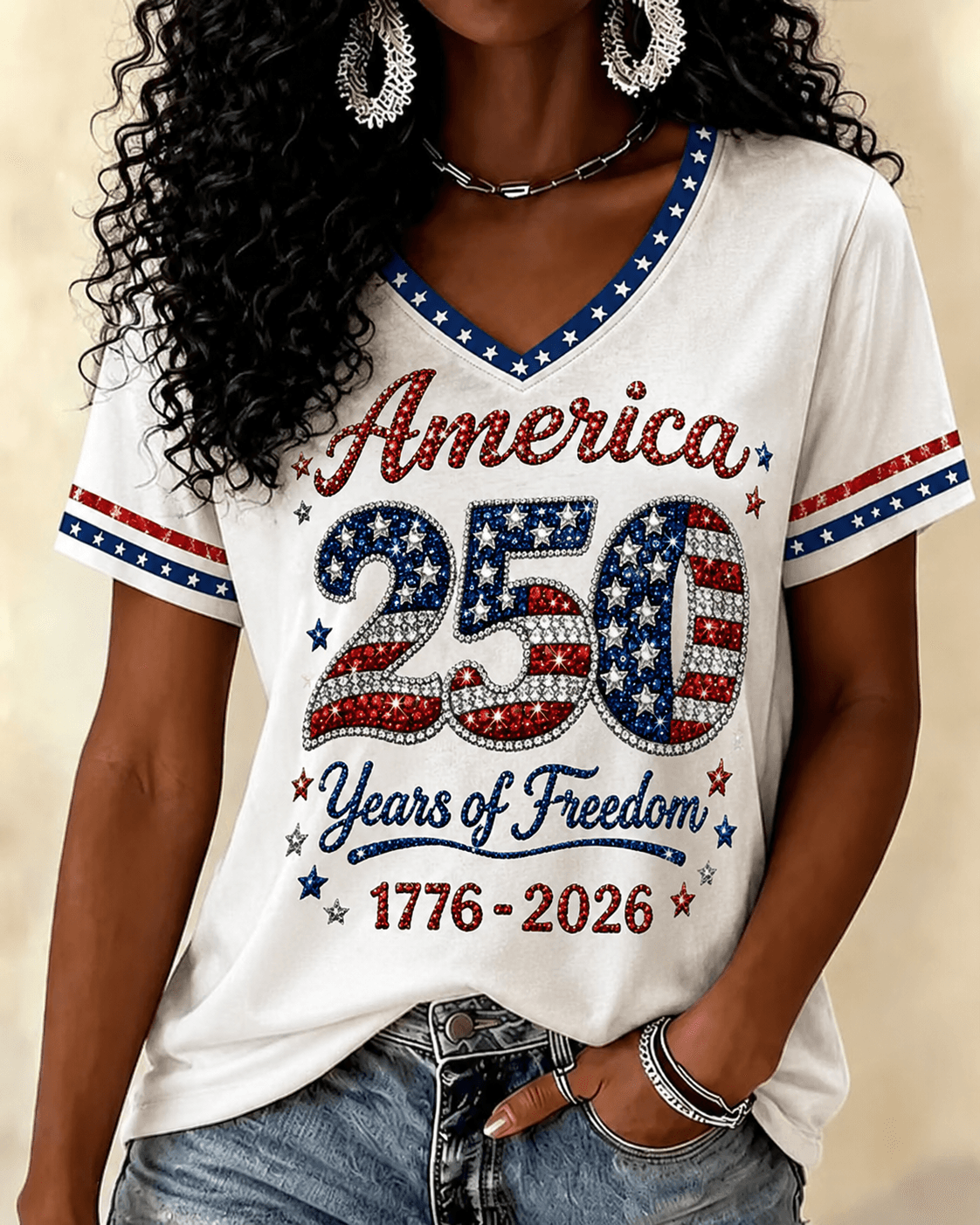 250th Anniversary Stamp Print V-neck Short Sleeve Tshirt