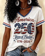 250th Anniversary Stamp Print V-neck Short Sleeve Tshirt