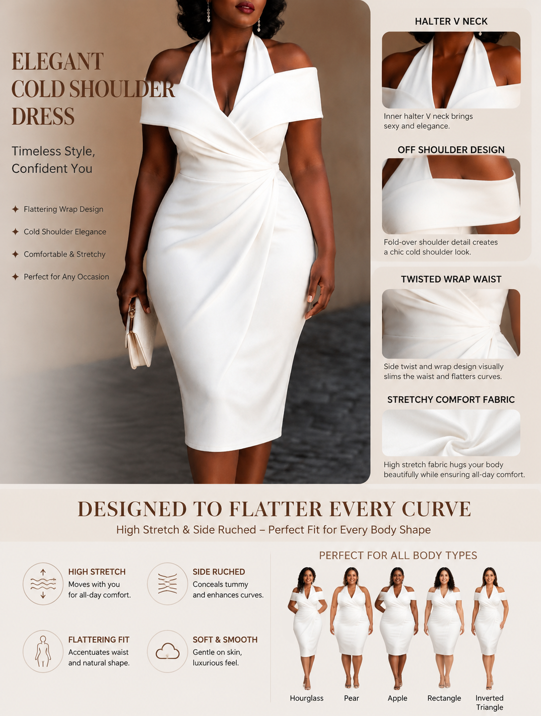 Off-Shoulder Halter Collar Ruched Wrap Midi Dress