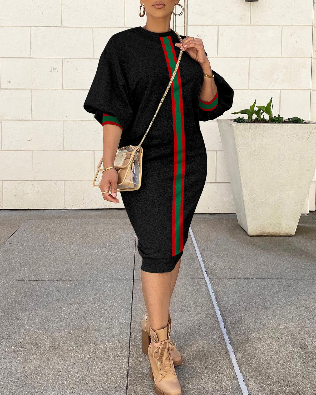 Round Neck Simple Stripes Lantern Sleeve Simple Sweatshirt Dress