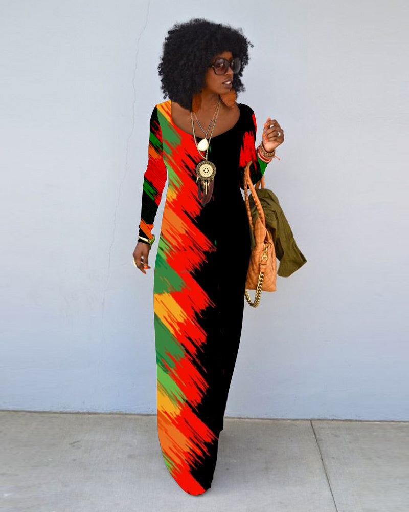 Juneteenth Design Print Crew Neck Long Sleeve Dress