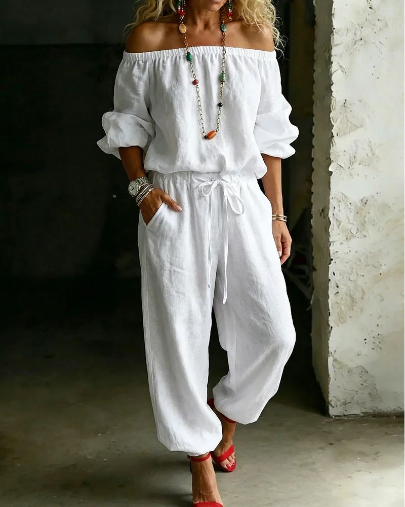 Off-Shoulder Solid Color Cotton Linen Tie Waist Cinched Waist Jumpsuit