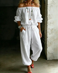 Off-Shoulder Solid Color Cotton Linen Tie Waist Cinched Waist Jumpsuit