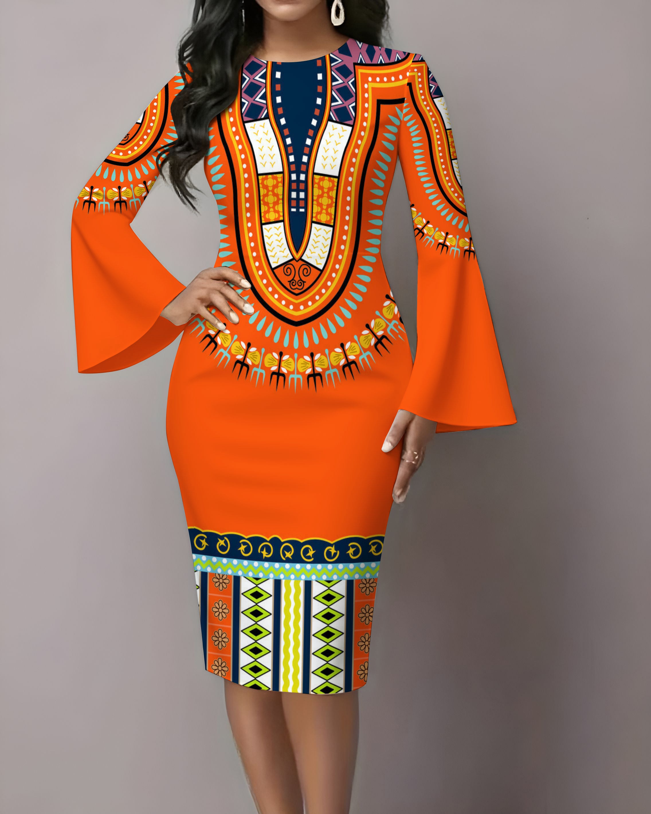 African Ethnic Prints Flared Sleeves Midi Bodycon Dresses